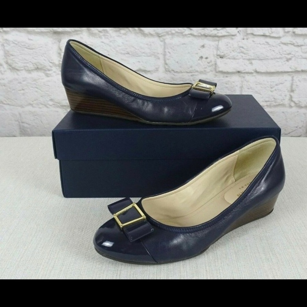 Cole Haan Navy Emory wedge slip on with bow detail